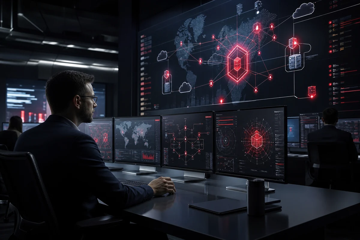 Centro de operaciones analizando riesgos y eventos de ciberseguridad empresarial