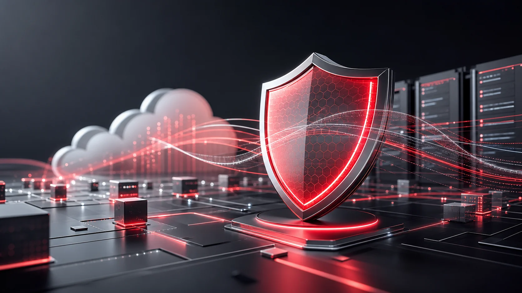 Escudo digital protegiendo infraestructura de nube y red empresarial