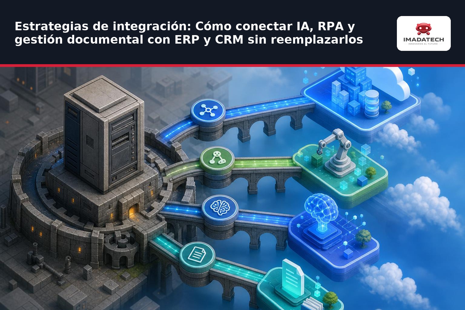 Imagen de apoyo de Estrategias de integración: Cómo conectar IA, RPA y gestión documental con ERP y CRM sin reemplazarlos