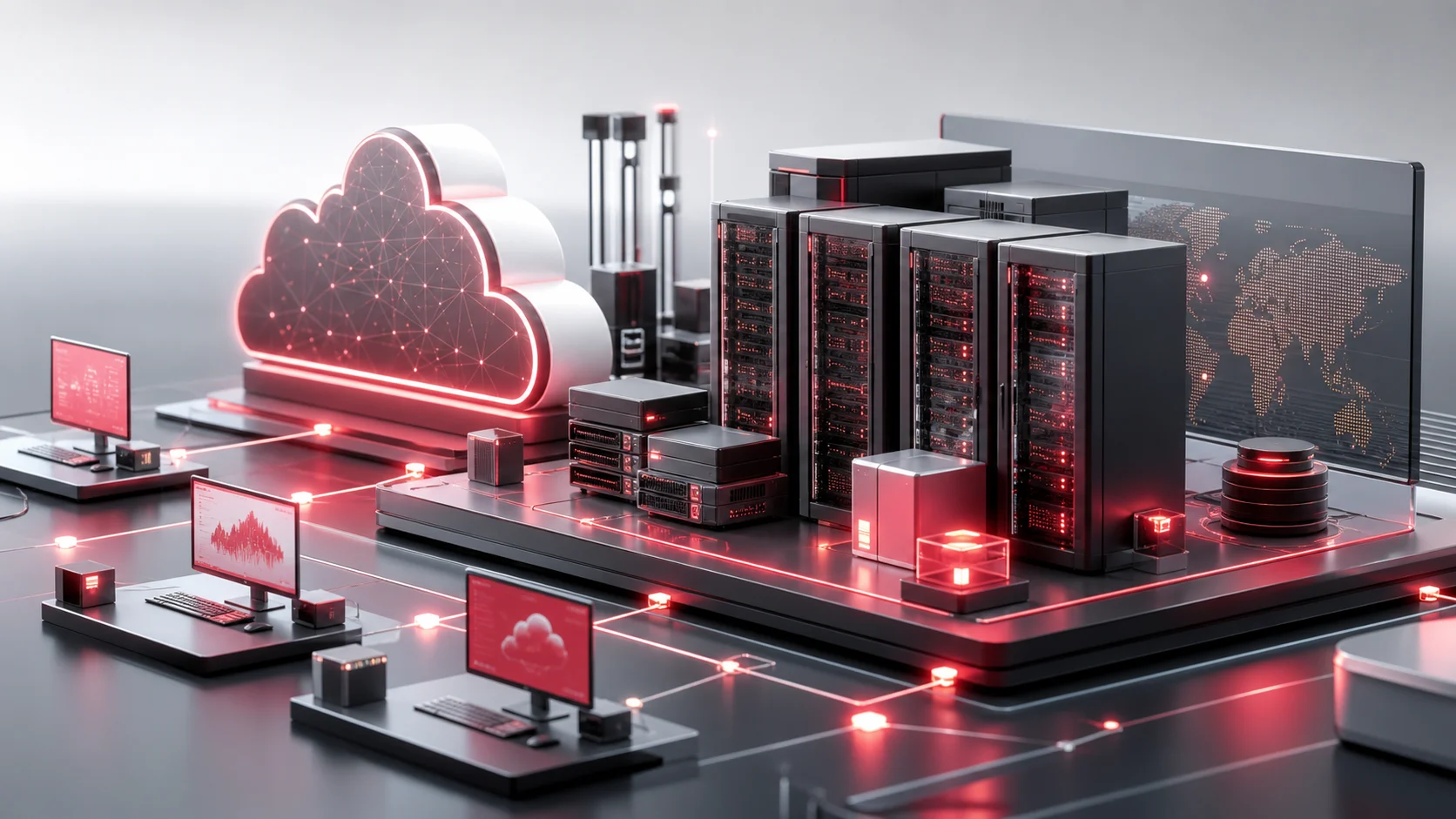 Infraestructura tecnológica híbrida con servidores, nube y equipos conectados