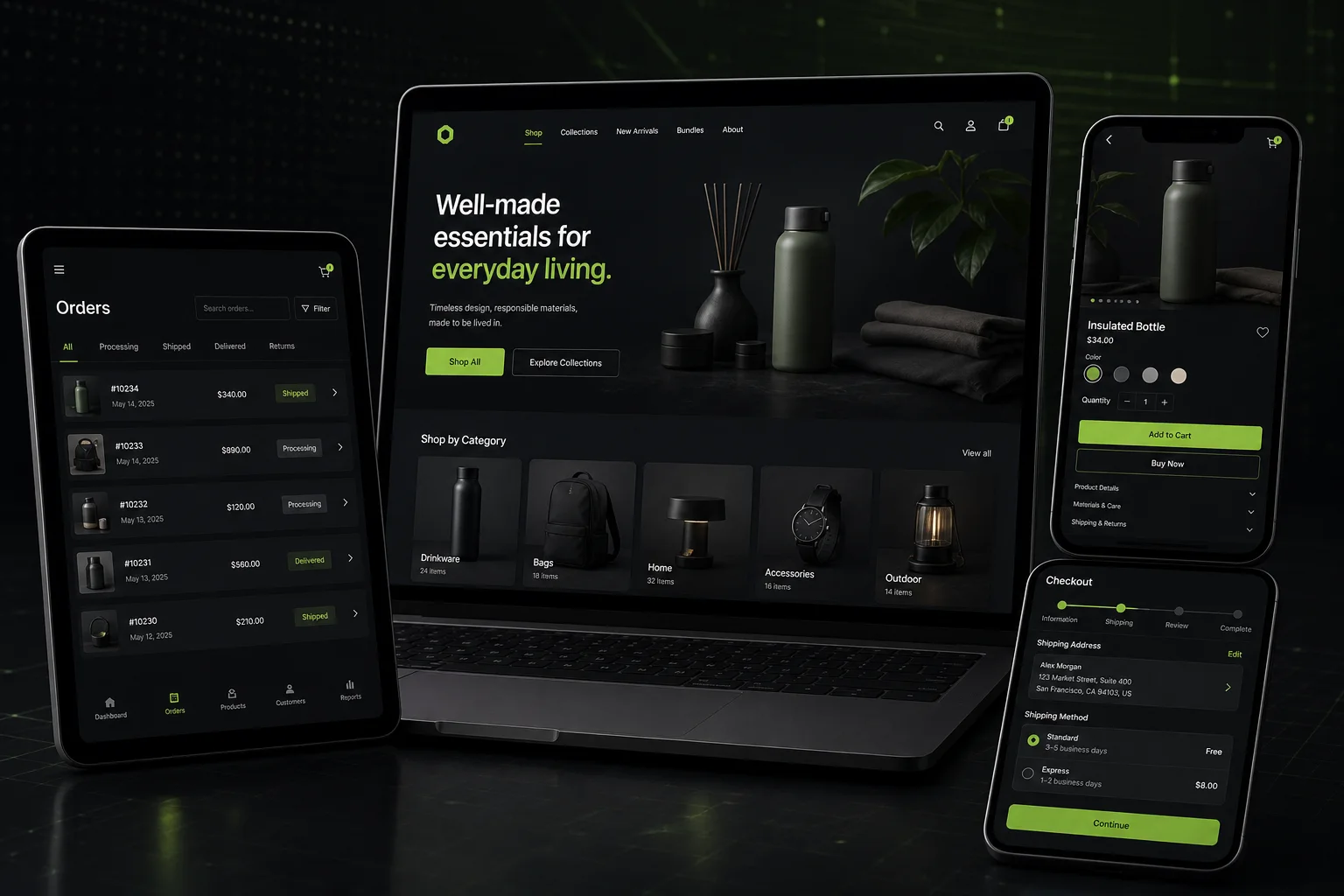 Tienda online responsive de MedusaCommerce en computador, tableta y teléfono móvil