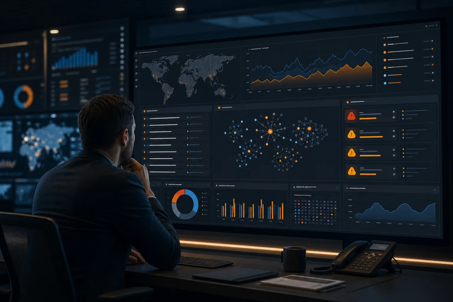 Analista usando News Sentinel para monitorear fuentes digitales, tendencias y alertas desde un panel centralizado