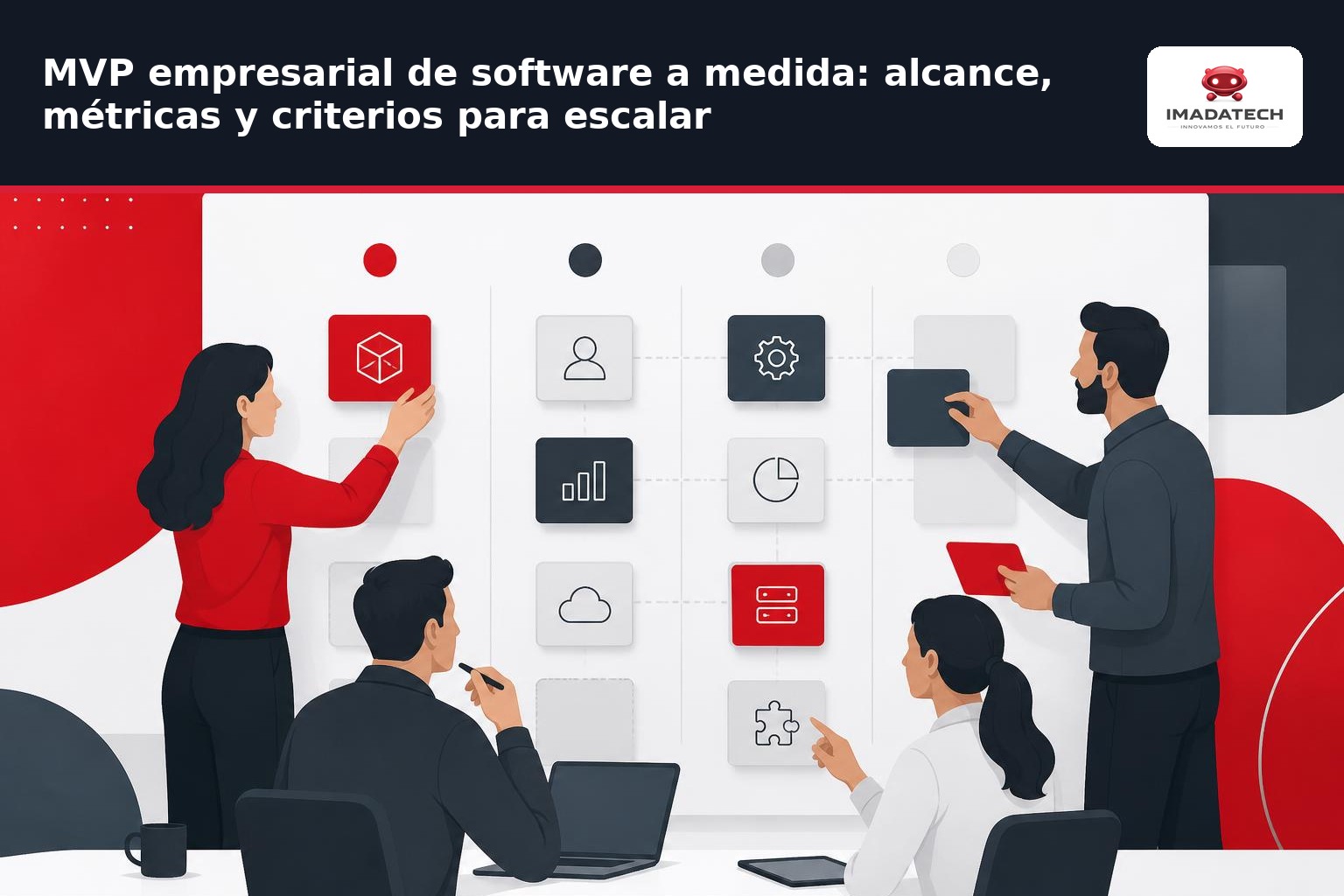 Gráfico comparativo de métricas de éxito para un MVP empresarial, mostrando la adopción de usuarios, la reducción de tiempo e