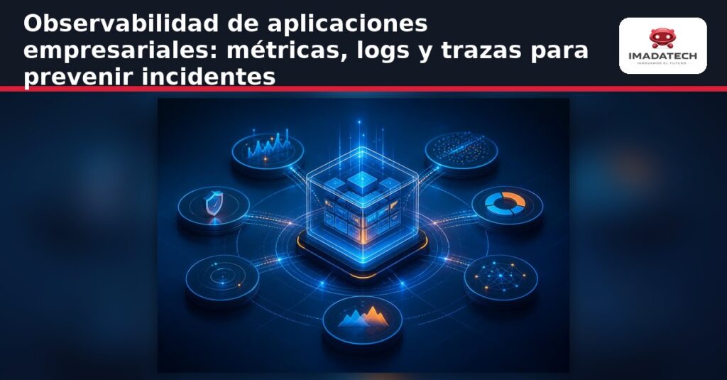 Diagrama de los tres pilares de la observabilidad empresarial: métricas, logs y trazas, convergiendo en un panel de control u